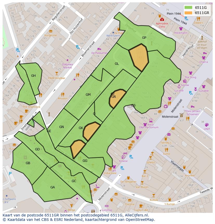 Afbeelding van het postcodegebied 6511 GR op de kaart.