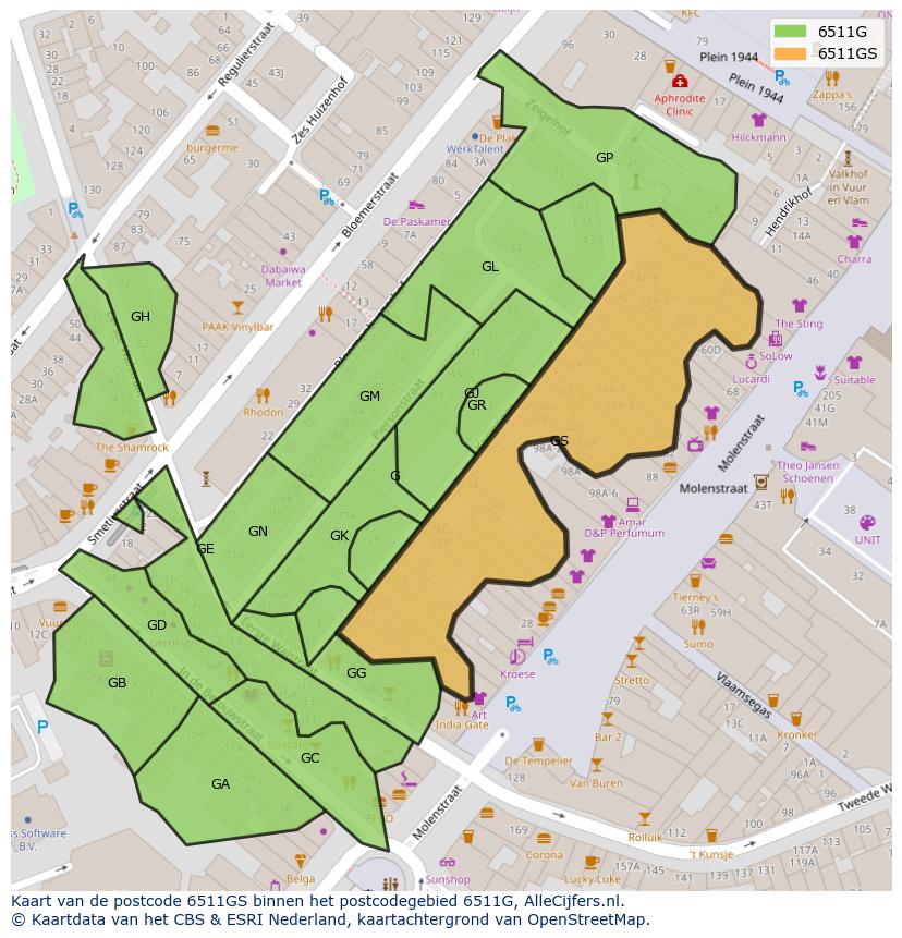 Afbeelding van het postcodegebied 6511 GS op de kaart.