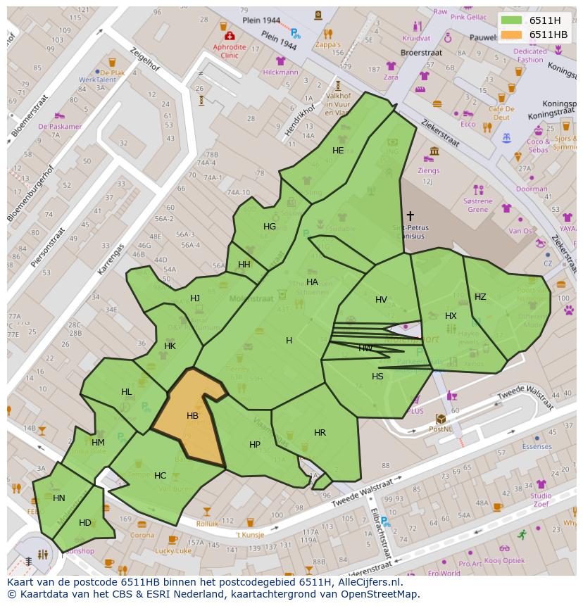 Afbeelding van het postcodegebied 6511 HB op de kaart.