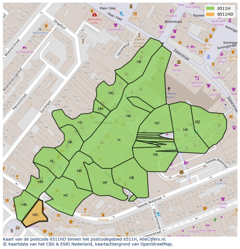 Afbeelding van het postcodegebied 6511 HD op de kaart.