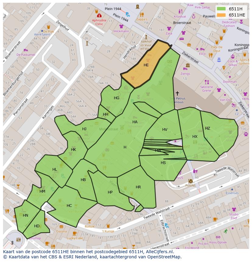 Afbeelding van het postcodegebied 6511 HE op de kaart.