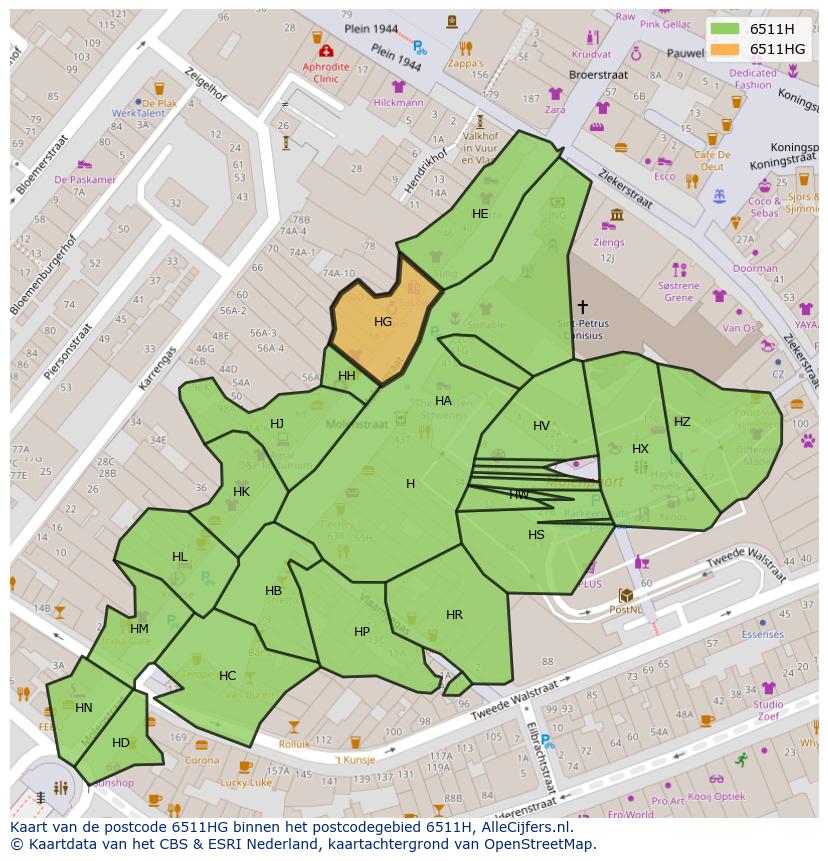 Afbeelding van het postcodegebied 6511 HG op de kaart.