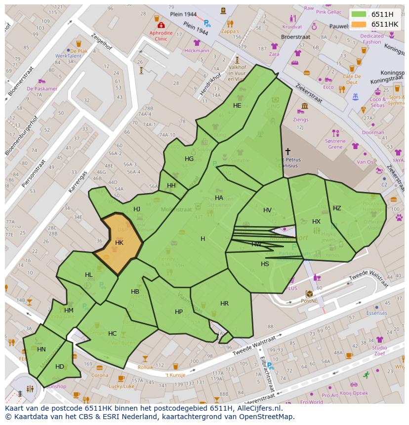 Afbeelding van het postcodegebied 6511 HK op de kaart.