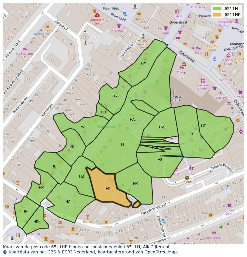 Afbeelding van het postcodegebied 6511 HP op de kaart.