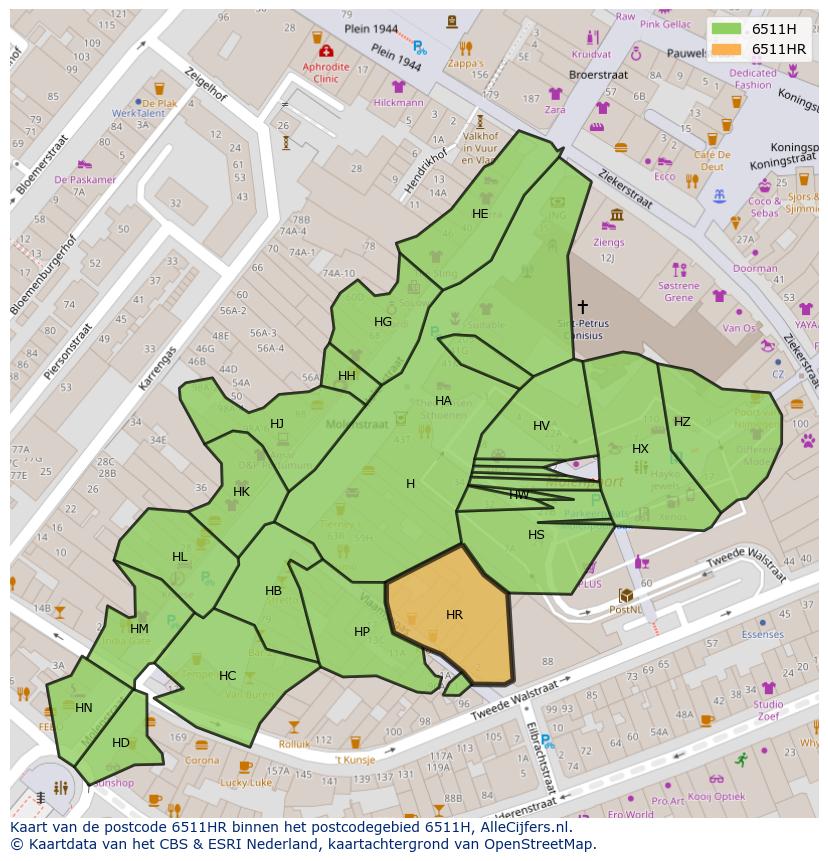 Afbeelding van het postcodegebied 6511 HR op de kaart.