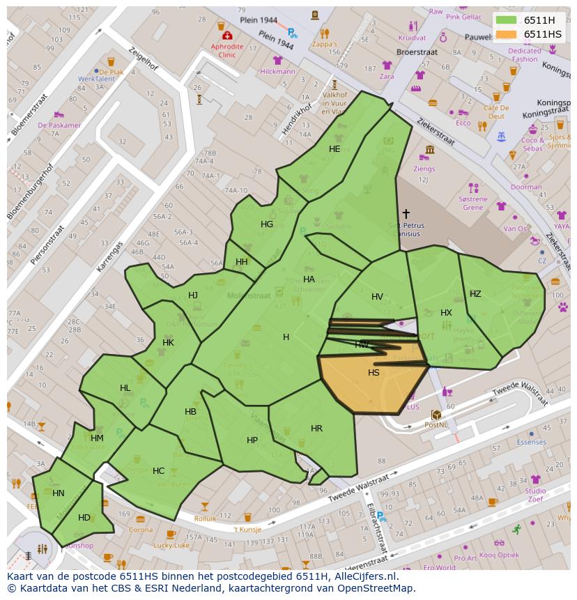 Afbeelding van het postcodegebied 6511 HS op de kaart.