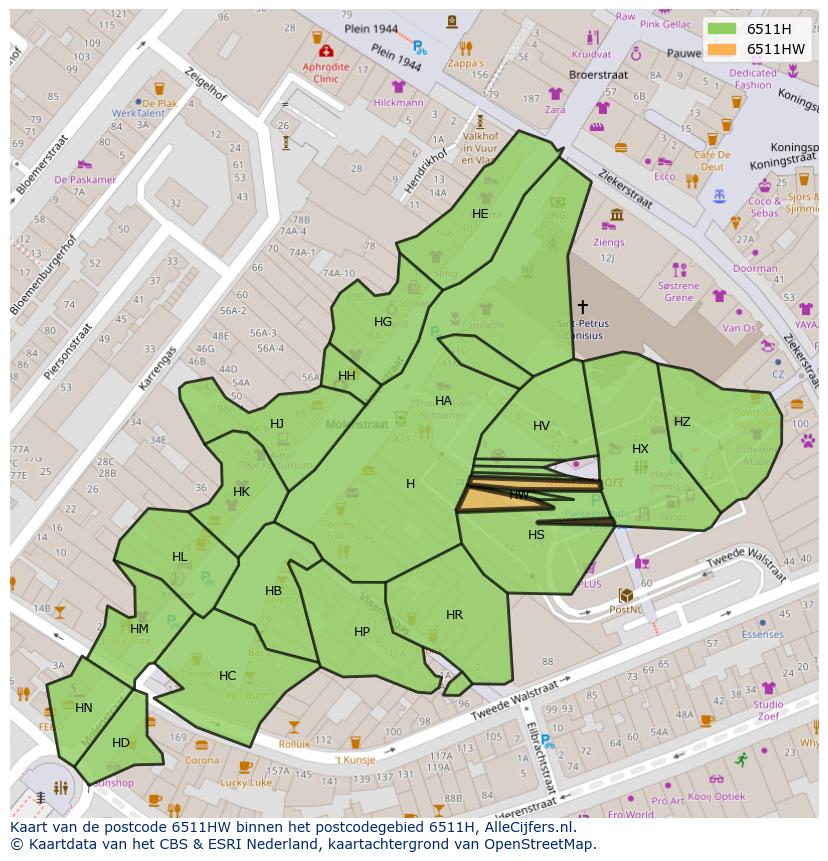 Afbeelding van het postcodegebied 6511 HW op de kaart.