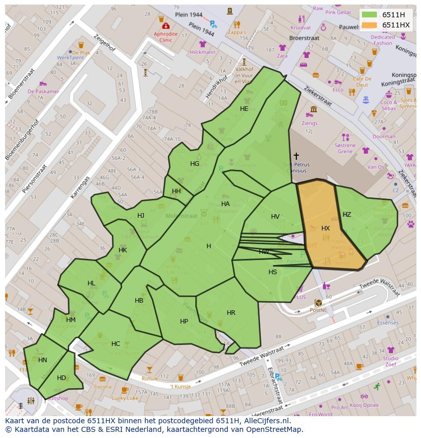 Afbeelding van het postcodegebied 6511 HX op de kaart.