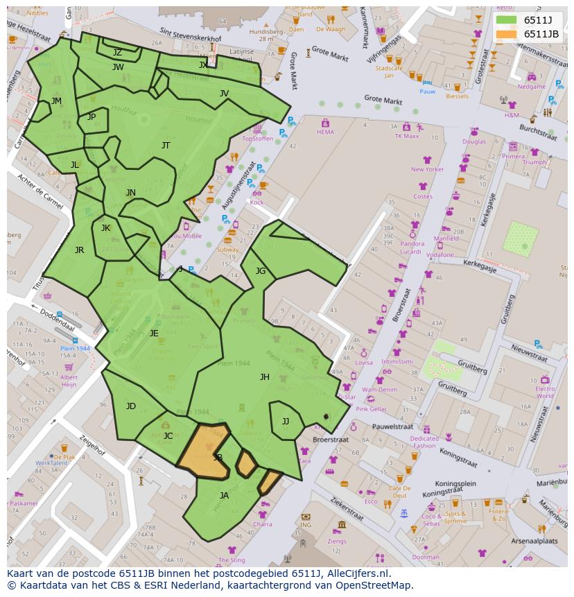 Afbeelding van het postcodegebied 6511 JB op de kaart.