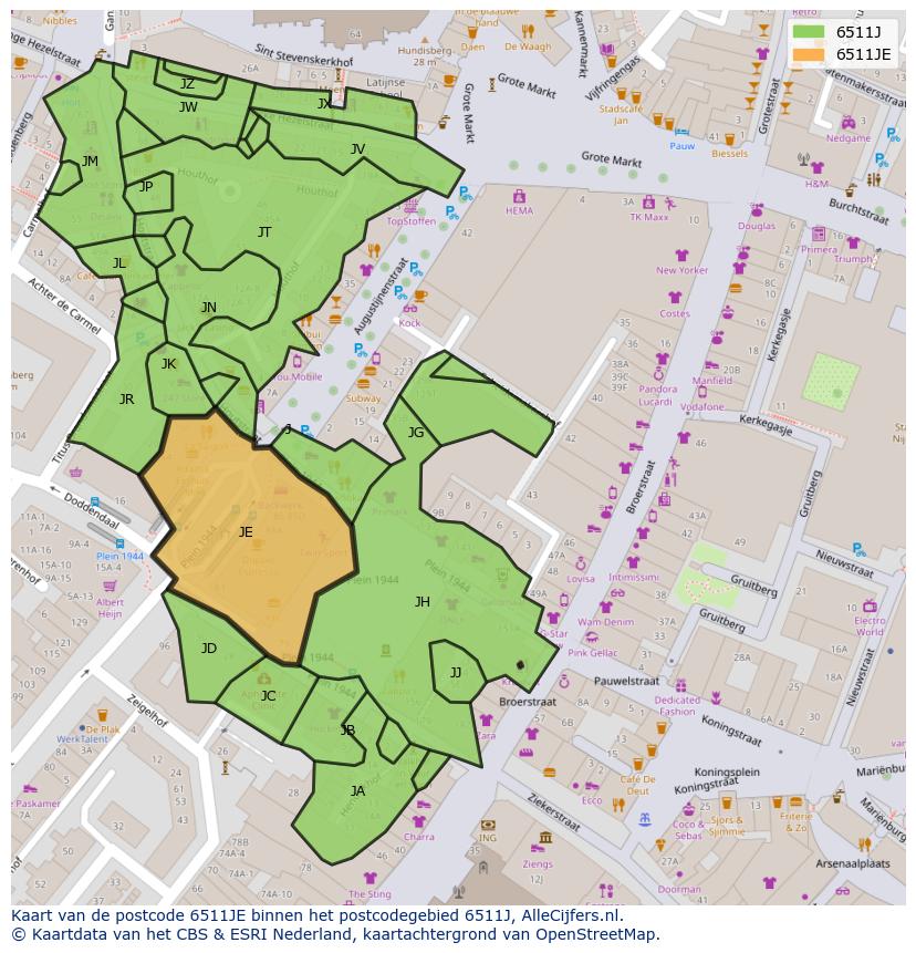 Afbeelding van het postcodegebied 6511 JE op de kaart.