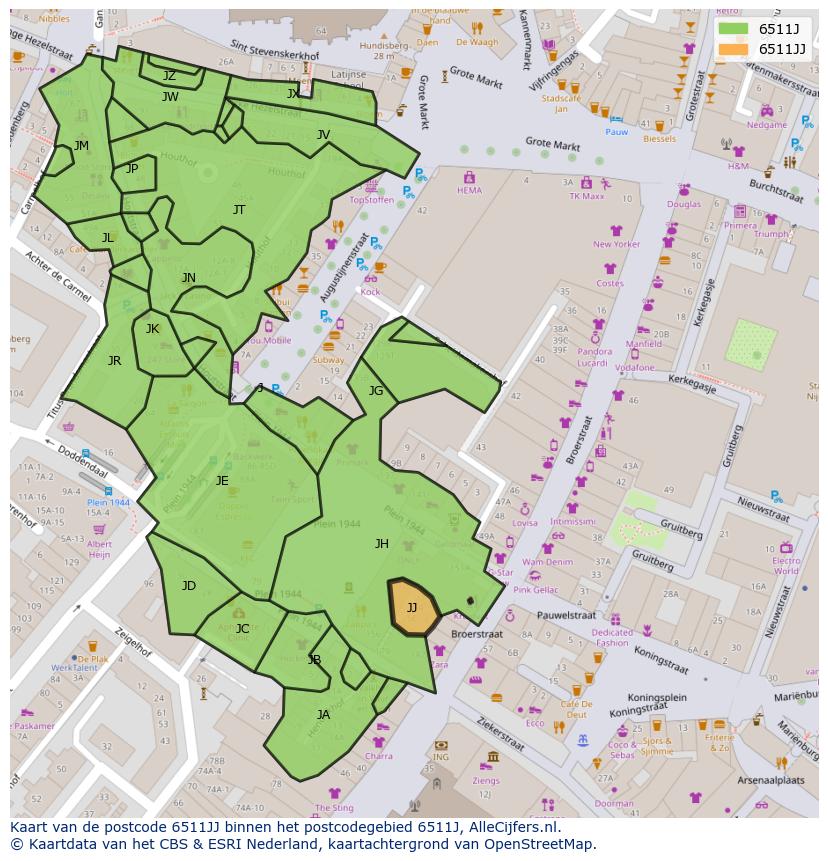 Afbeelding van het postcodegebied 6511 JJ op de kaart.
