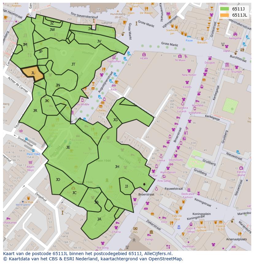 Afbeelding van het postcodegebied 6511 JL op de kaart.