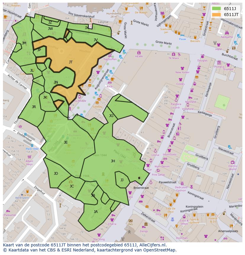 Afbeelding van het postcodegebied 6511 JT op de kaart.