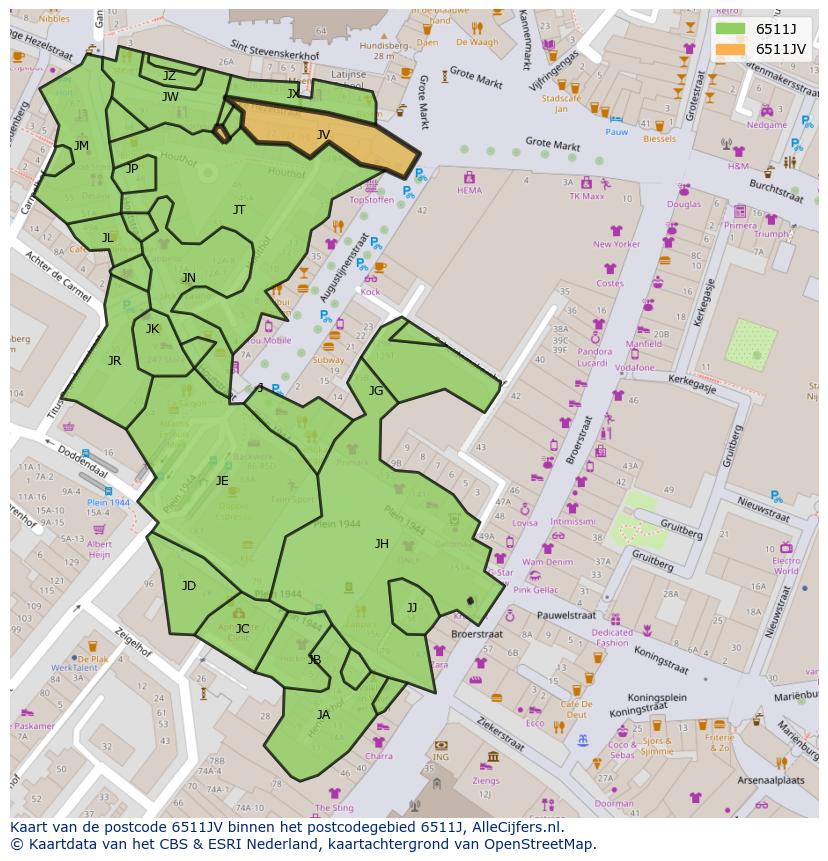 Afbeelding van het postcodegebied 6511 JV op de kaart.