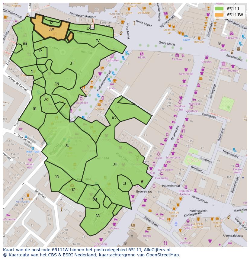 Afbeelding van het postcodegebied 6511 JW op de kaart.