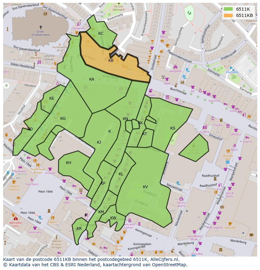 Afbeelding van het postcodegebied 6511 KB op de kaart.