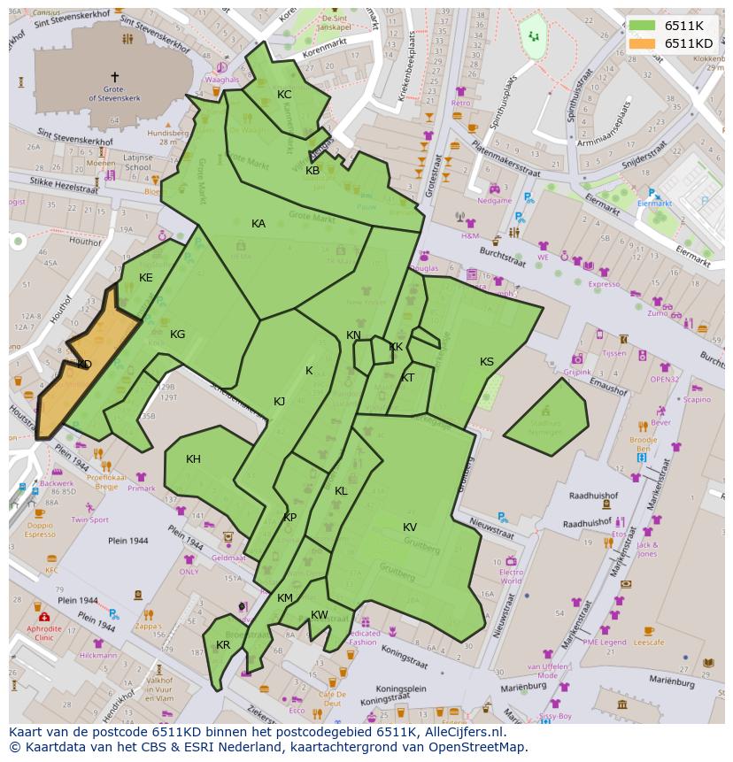 Afbeelding van het postcodegebied 6511 KD op de kaart.