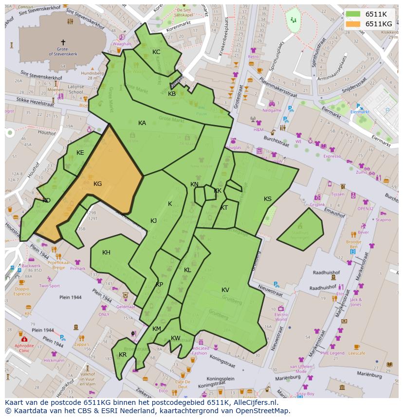 Afbeelding van het postcodegebied 6511 KG op de kaart.