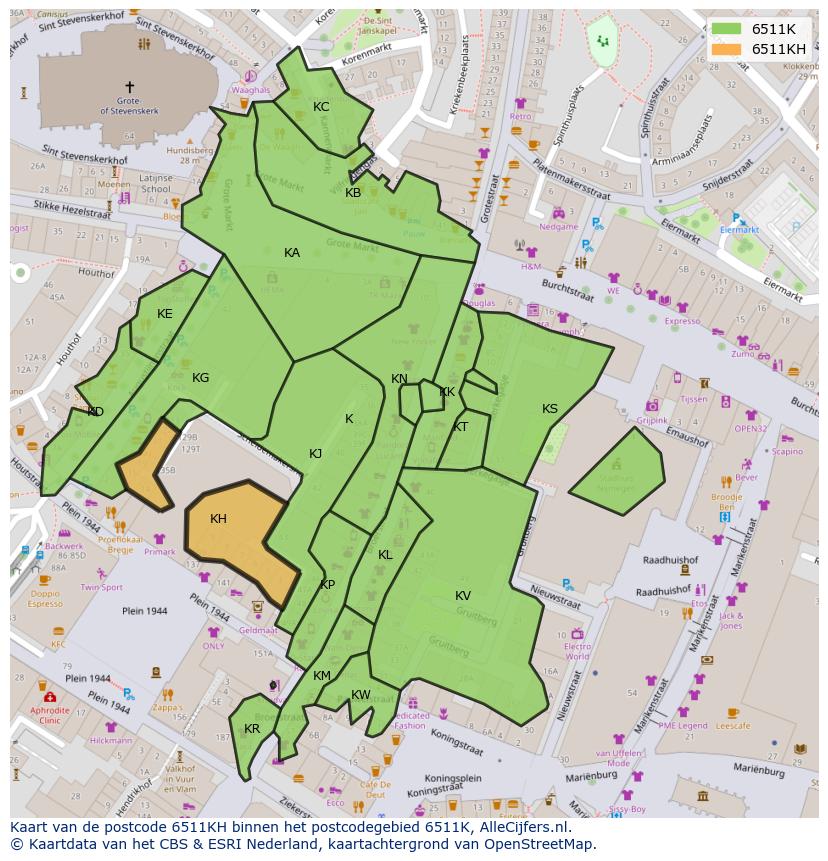 Afbeelding van het postcodegebied 6511 KH op de kaart.