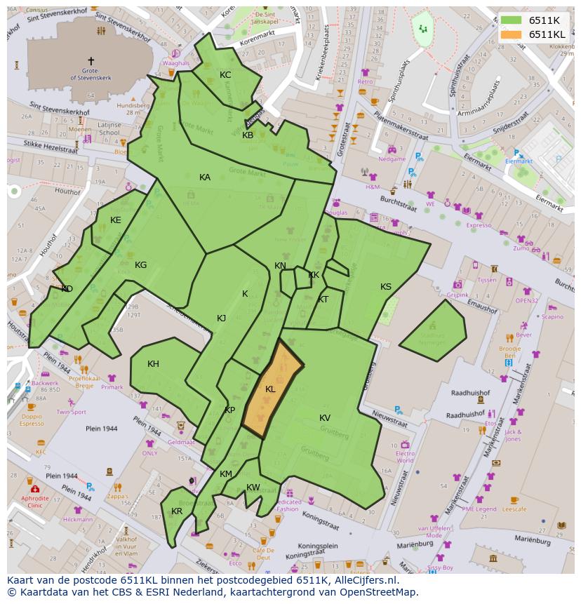 Afbeelding van het postcodegebied 6511 KL op de kaart.