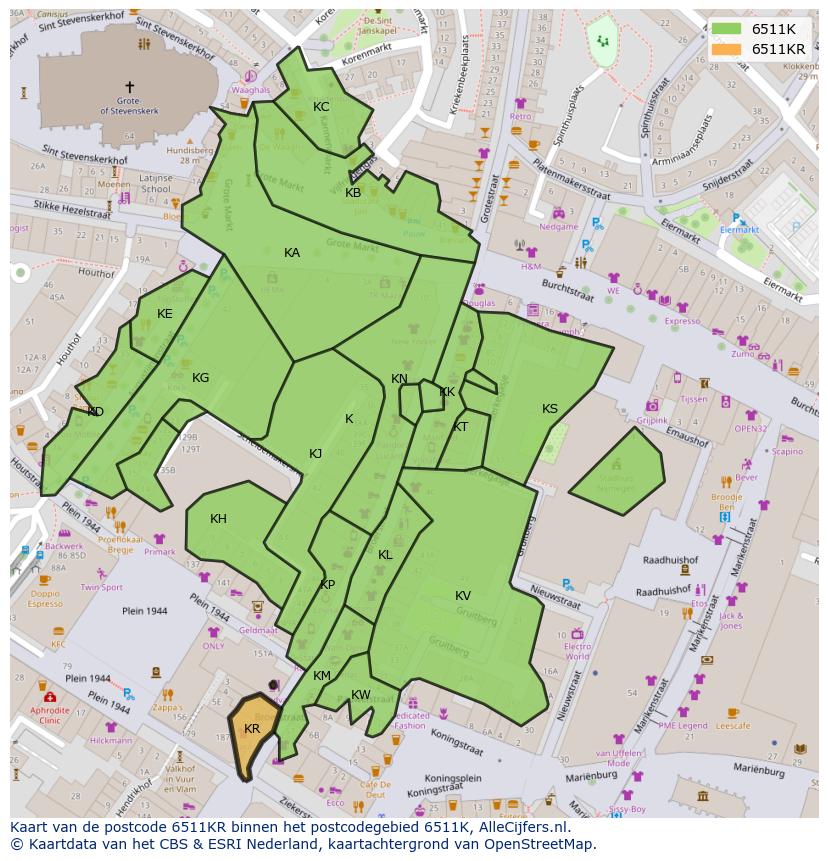Afbeelding van het postcodegebied 6511 KR op de kaart.