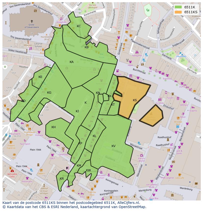 Afbeelding van het postcodegebied 6511 KS op de kaart.
