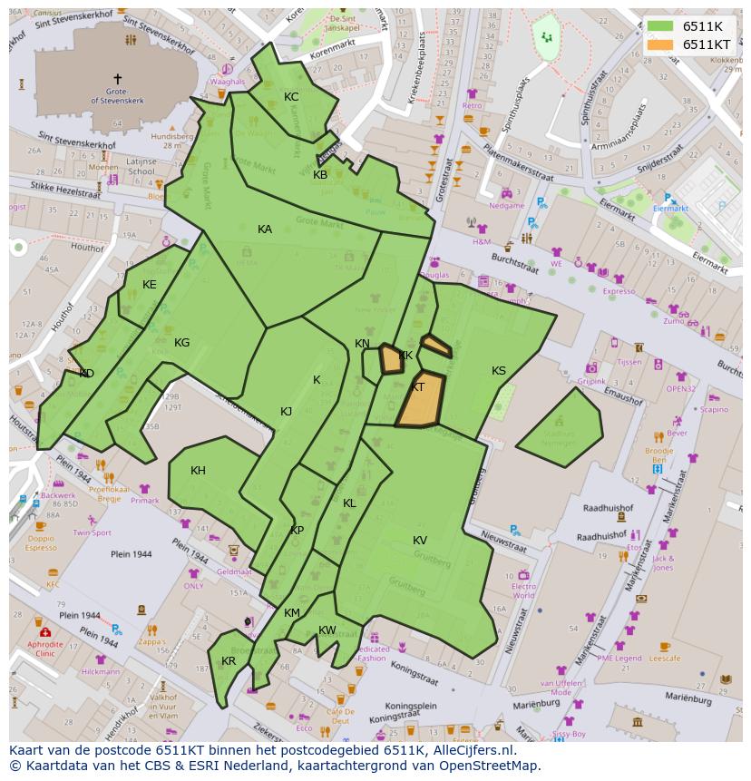 Afbeelding van het postcodegebied 6511 KT op de kaart.