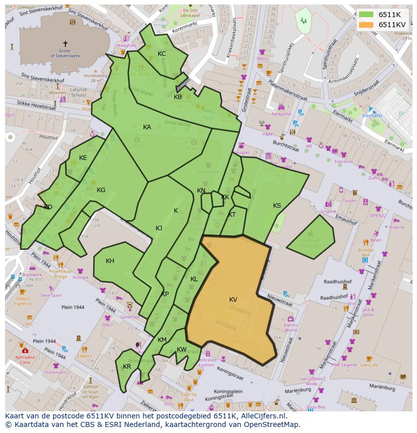 Afbeelding van het postcodegebied 6511 KV op de kaart.