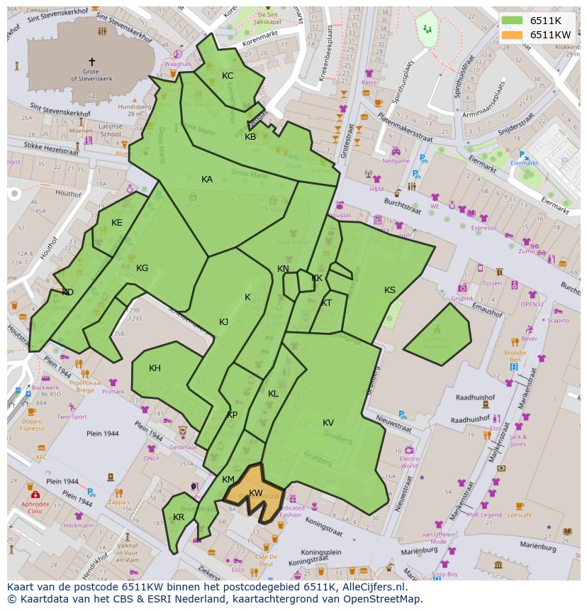 Afbeelding van het postcodegebied 6511 KW op de kaart.