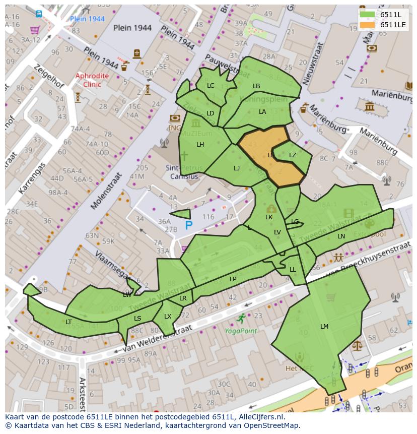 Afbeelding van het postcodegebied 6511 LE op de kaart.