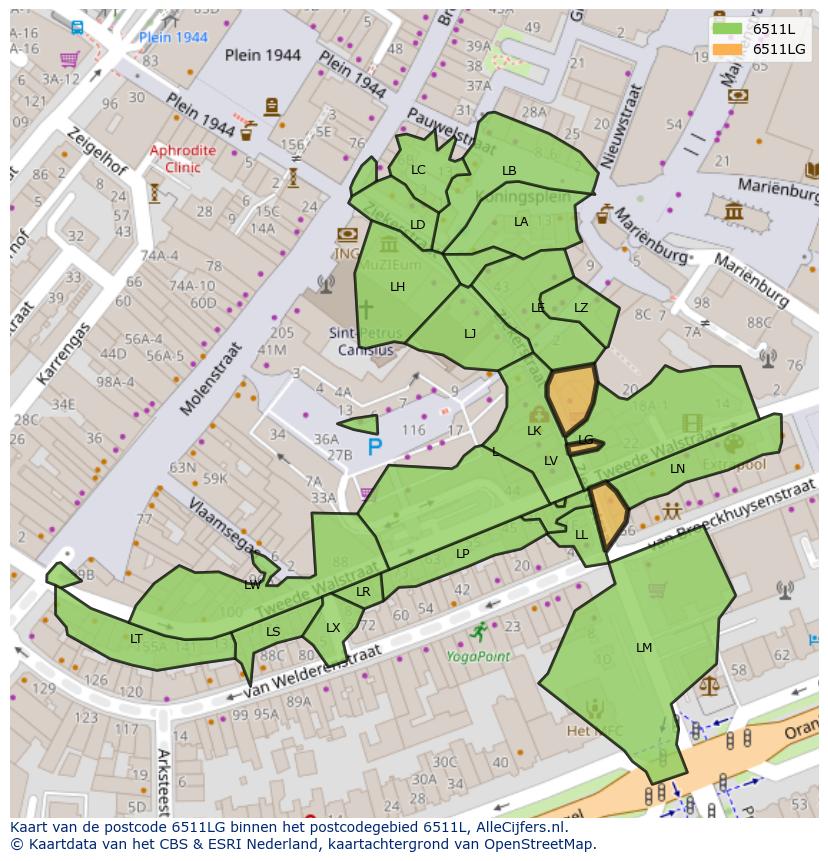 Afbeelding van het postcodegebied 6511 LG op de kaart.
