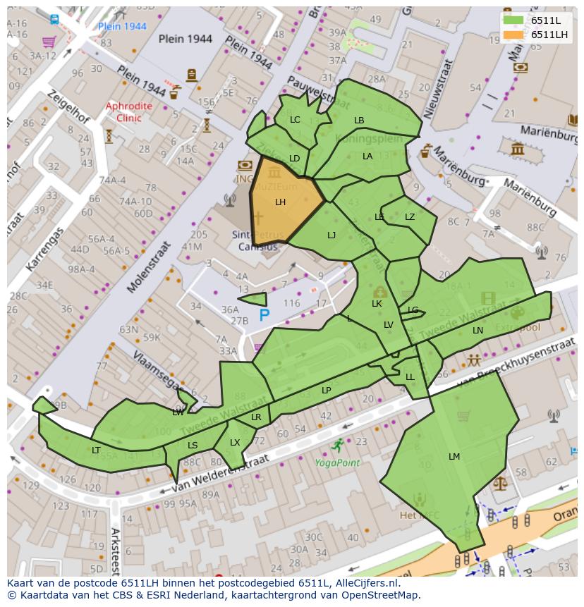 Afbeelding van het postcodegebied 6511 LH op de kaart.