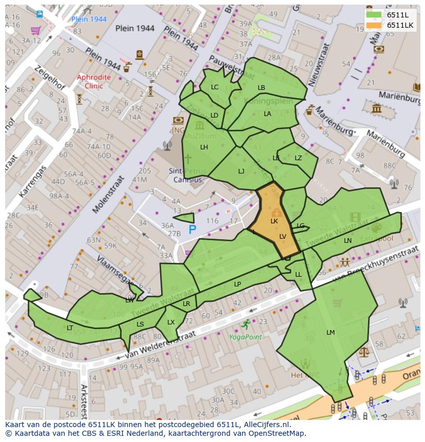 Afbeelding van het postcodegebied 6511 LK op de kaart.