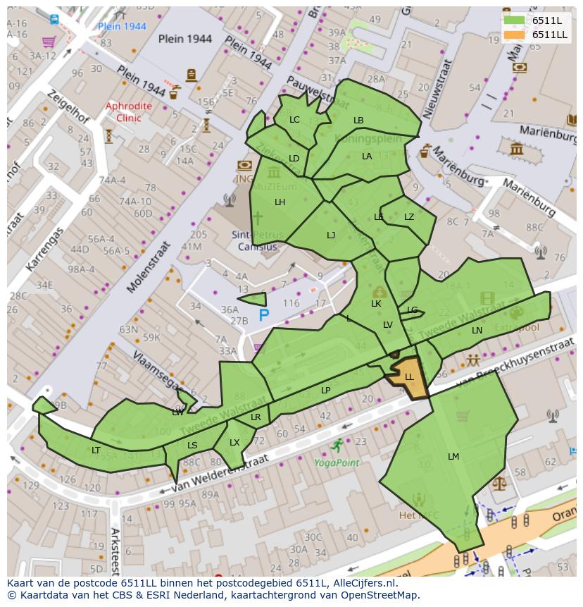 Afbeelding van het postcodegebied 6511 LL op de kaart.