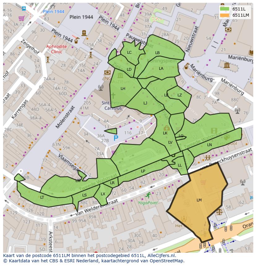 Afbeelding van het postcodegebied 6511 LM op de kaart.