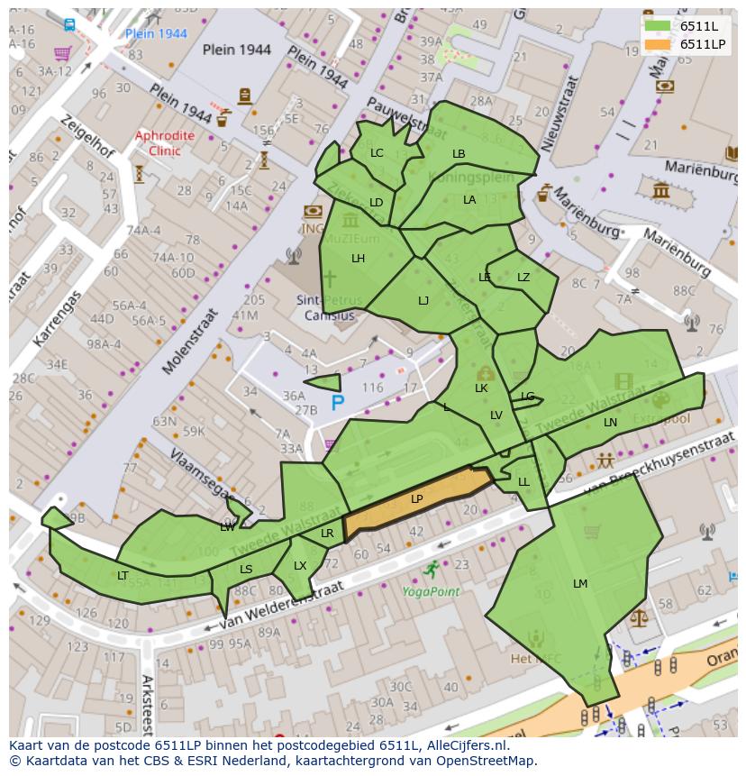Afbeelding van het postcodegebied 6511 LP op de kaart.