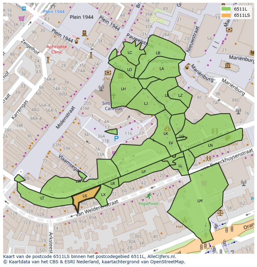 Afbeelding van het postcodegebied 6511 LS op de kaart.