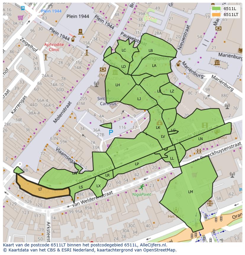 Afbeelding van het postcodegebied 6511 LT op de kaart.
