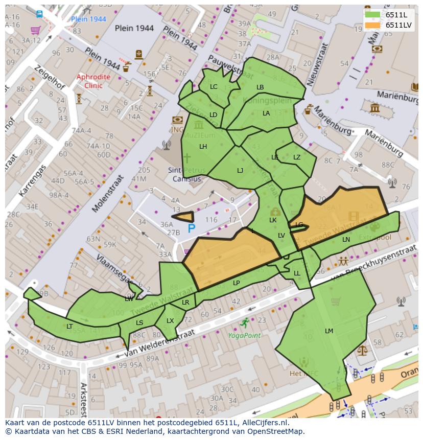 Afbeelding van het postcodegebied 6511 LV op de kaart.