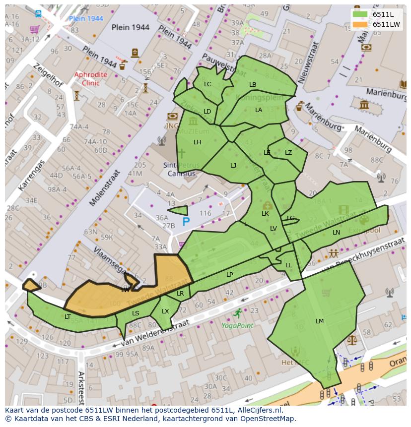 Afbeelding van het postcodegebied 6511 LW op de kaart.