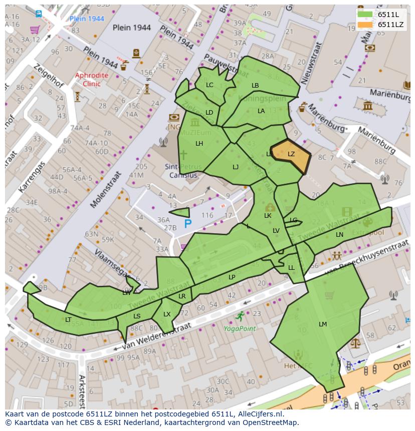 Afbeelding van het postcodegebied 6511 LZ op de kaart.