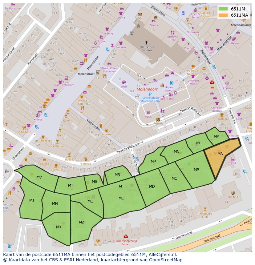 Afbeelding van het postcodegebied 6511 MA op de kaart.