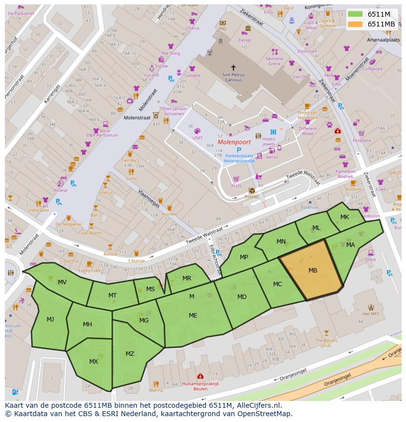 Afbeelding van het postcodegebied 6511 MB op de kaart.