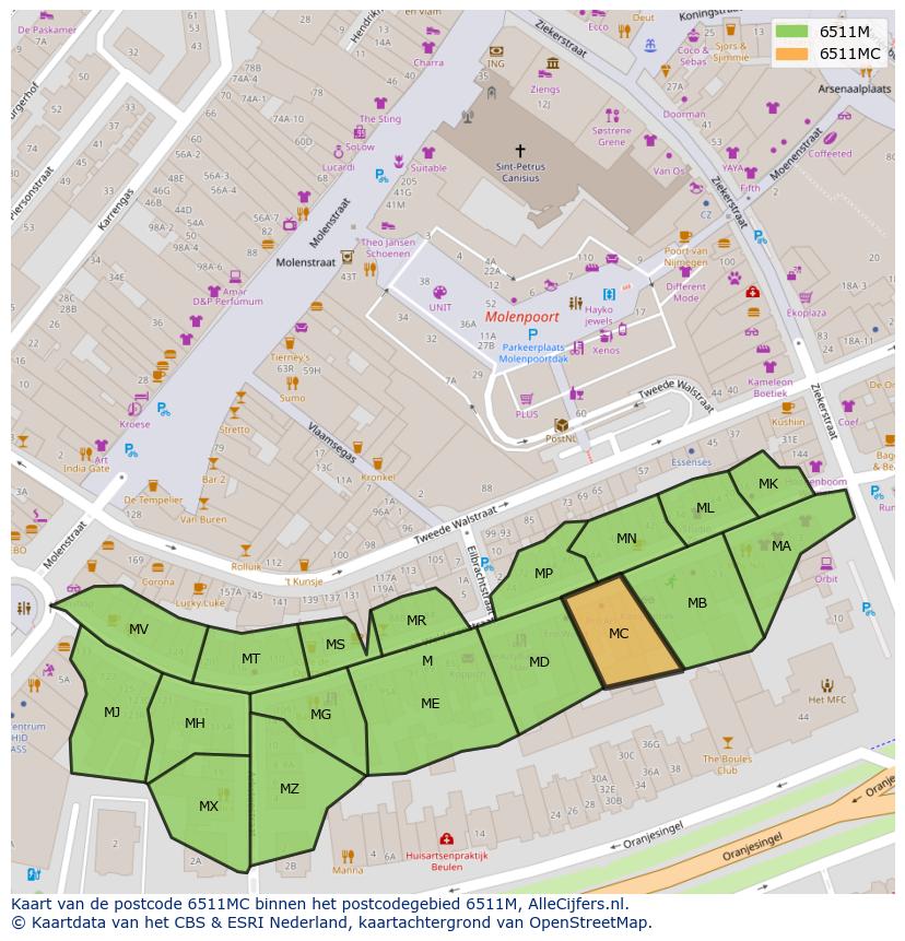 Afbeelding van het postcodegebied 6511 MC op de kaart.