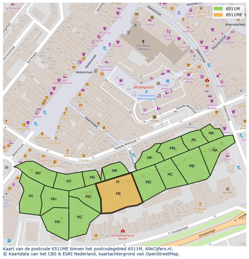 Afbeelding van het postcodegebied 6511 ME op de kaart.