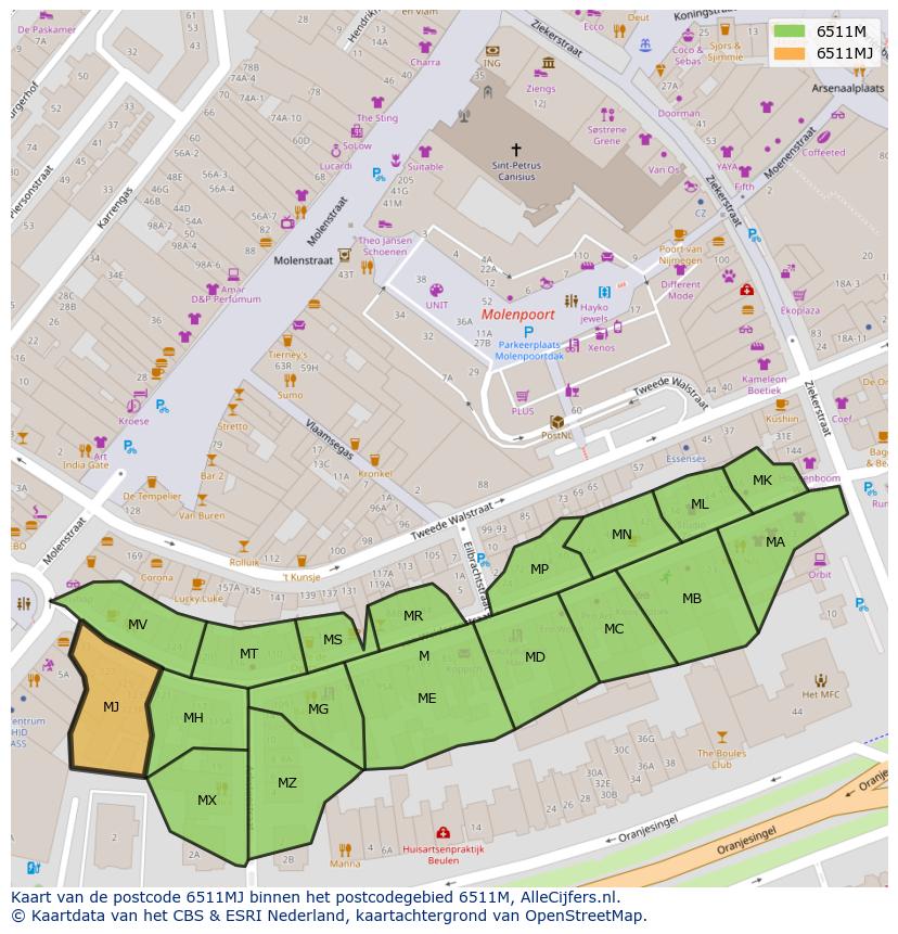 Afbeelding van het postcodegebied 6511 MJ op de kaart.