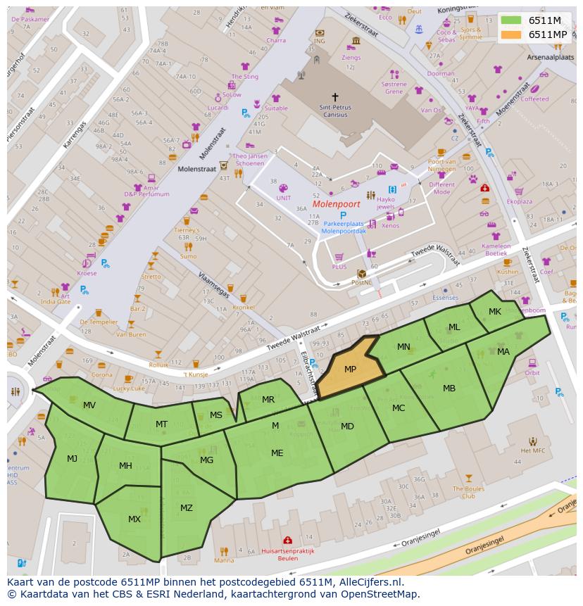 Afbeelding van het postcodegebied 6511 MP op de kaart.