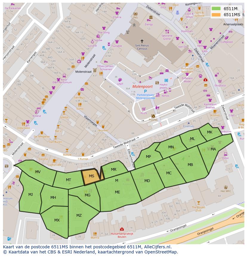 Afbeelding van het postcodegebied 6511 MS op de kaart.