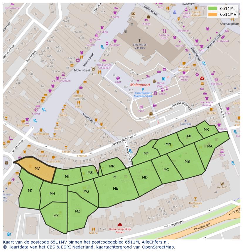 Afbeelding van het postcodegebied 6511 MV op de kaart.