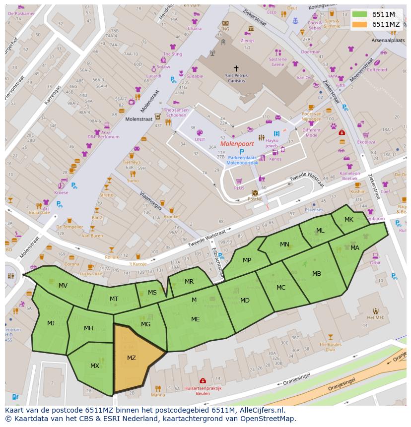 Afbeelding van het postcodegebied 6511 MZ op de kaart.